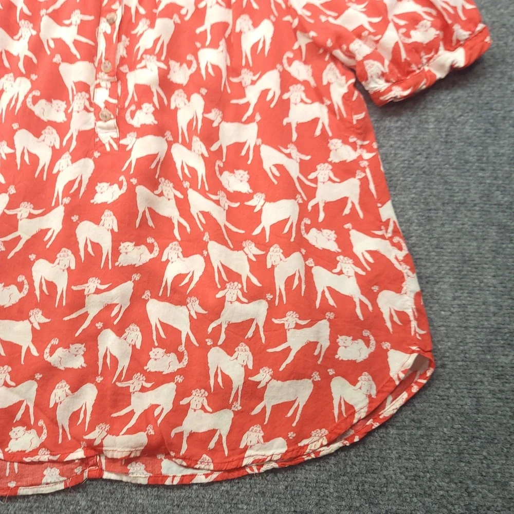Anthropologie Emily Isabella Poodle Print Blouse Red White Short Sleeve M
